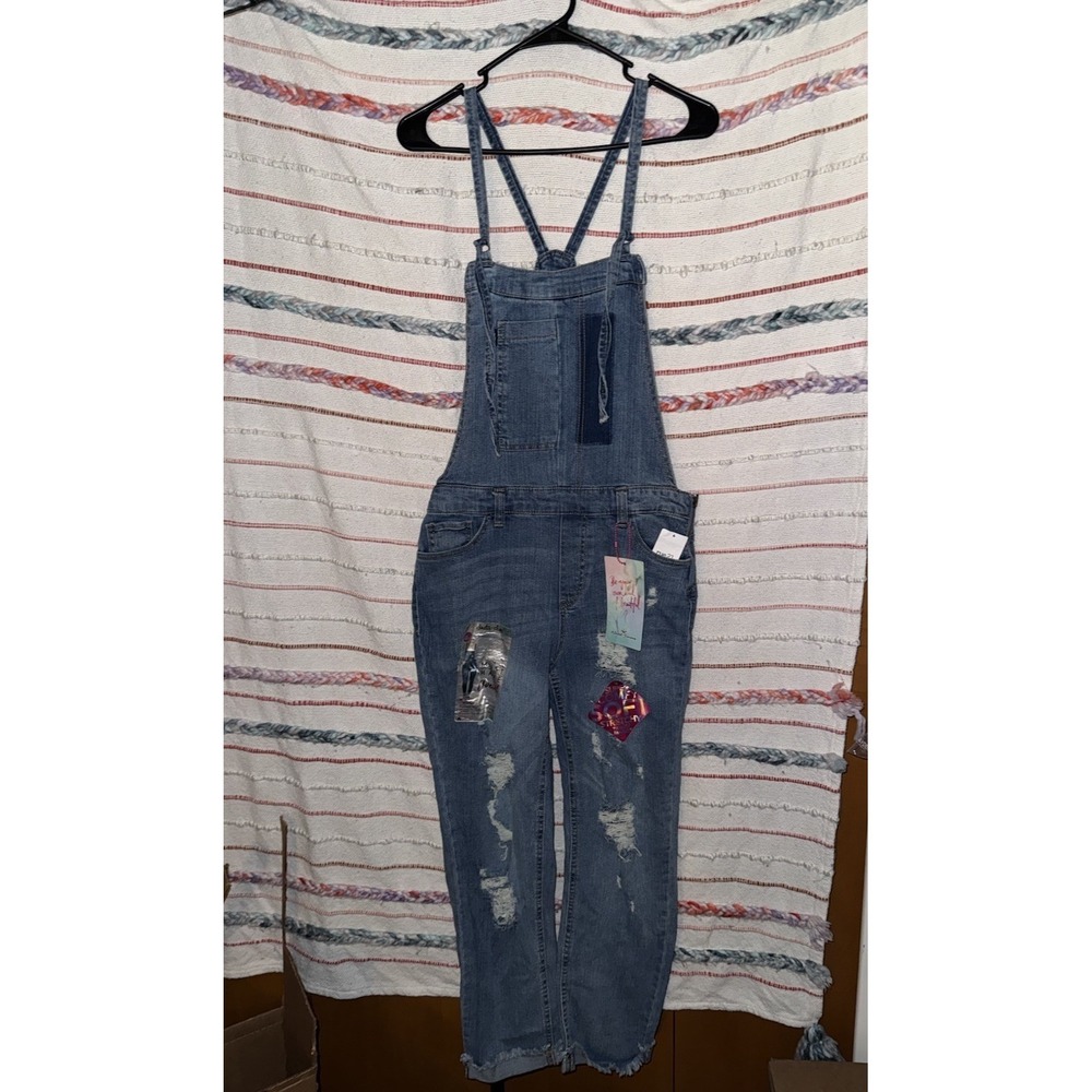 Almost‎ Famous Women Junior Sz 9 Blue Distressed Denim Bib Overalls NWT Rue 21